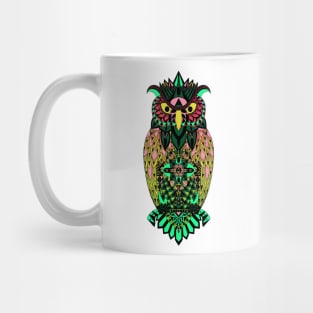 fluorescent luminicent psychodelic owl in pattern wisdom of wonders ecopop wallpaper art tribal zendoodle of flowers Mug